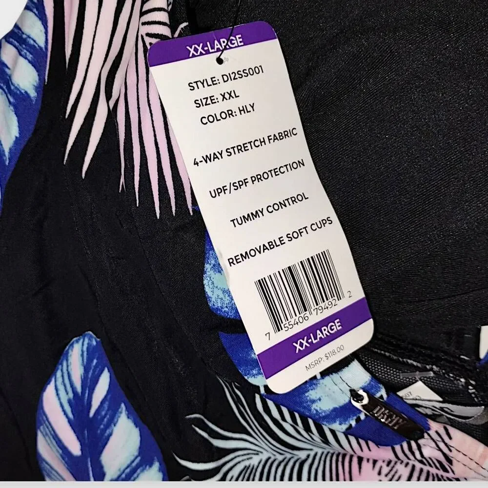 DKNY Womens Swimsuit Sz XXL Floral Navy Halter Tie High Cut Legs Ruched Tummy NW - Picture 7 of 8